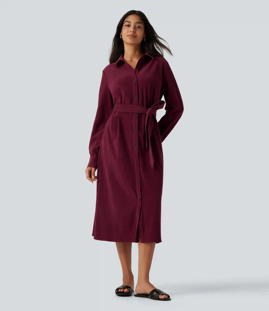 Long Sleeve Belted Corduroy Casual Midi Shirt Dress with Pockets