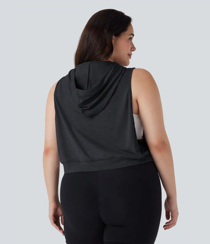 Hooded Drawstring Sleeveless Cropped Running Plus Size Tank Top