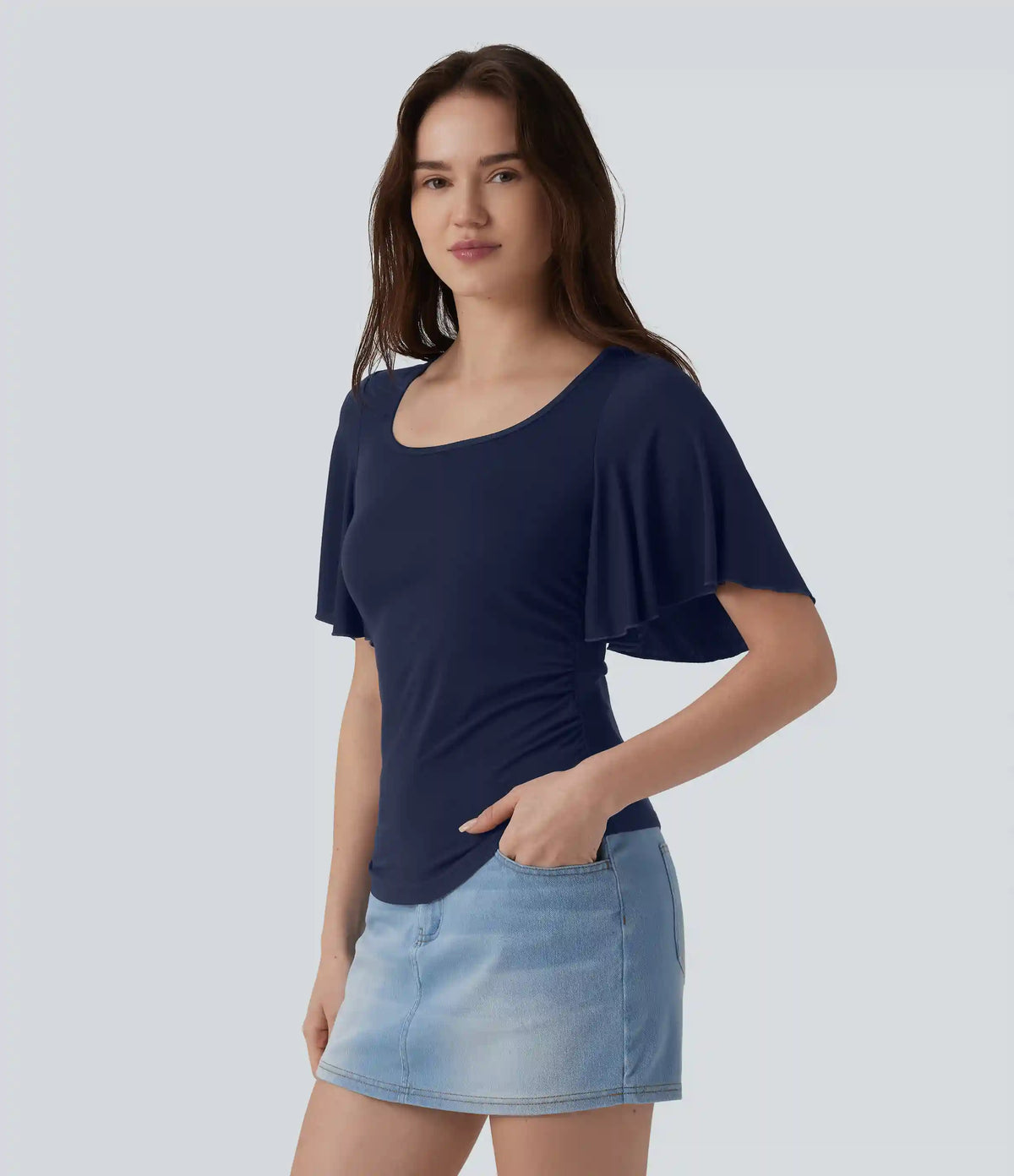Ribbed Square Neck Butterfly Sleeve Ruched Casual T-Shirt