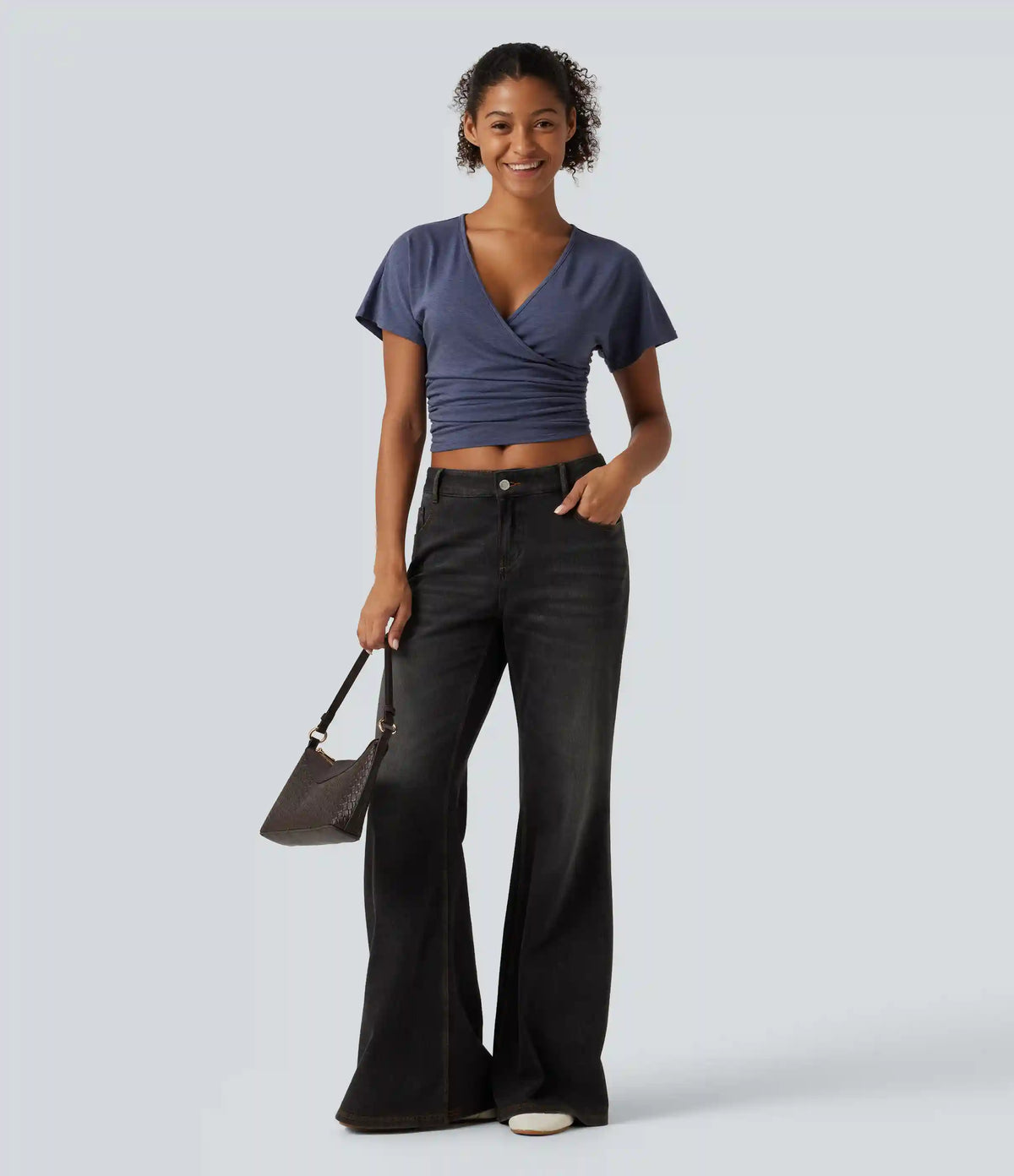 V Neck Flounce Short Sleeve Ruched Casual T-Shirt
