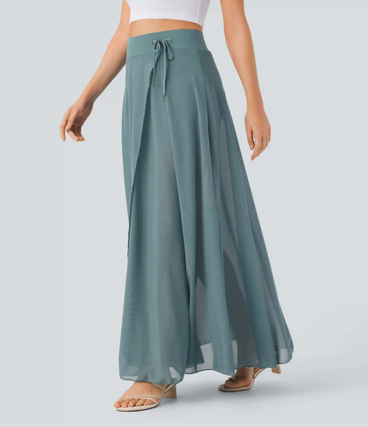 High Waisted Drawstring Contrast Mesh 2-in-1 Pocket Flowy Maxi Flare Casual Skirt