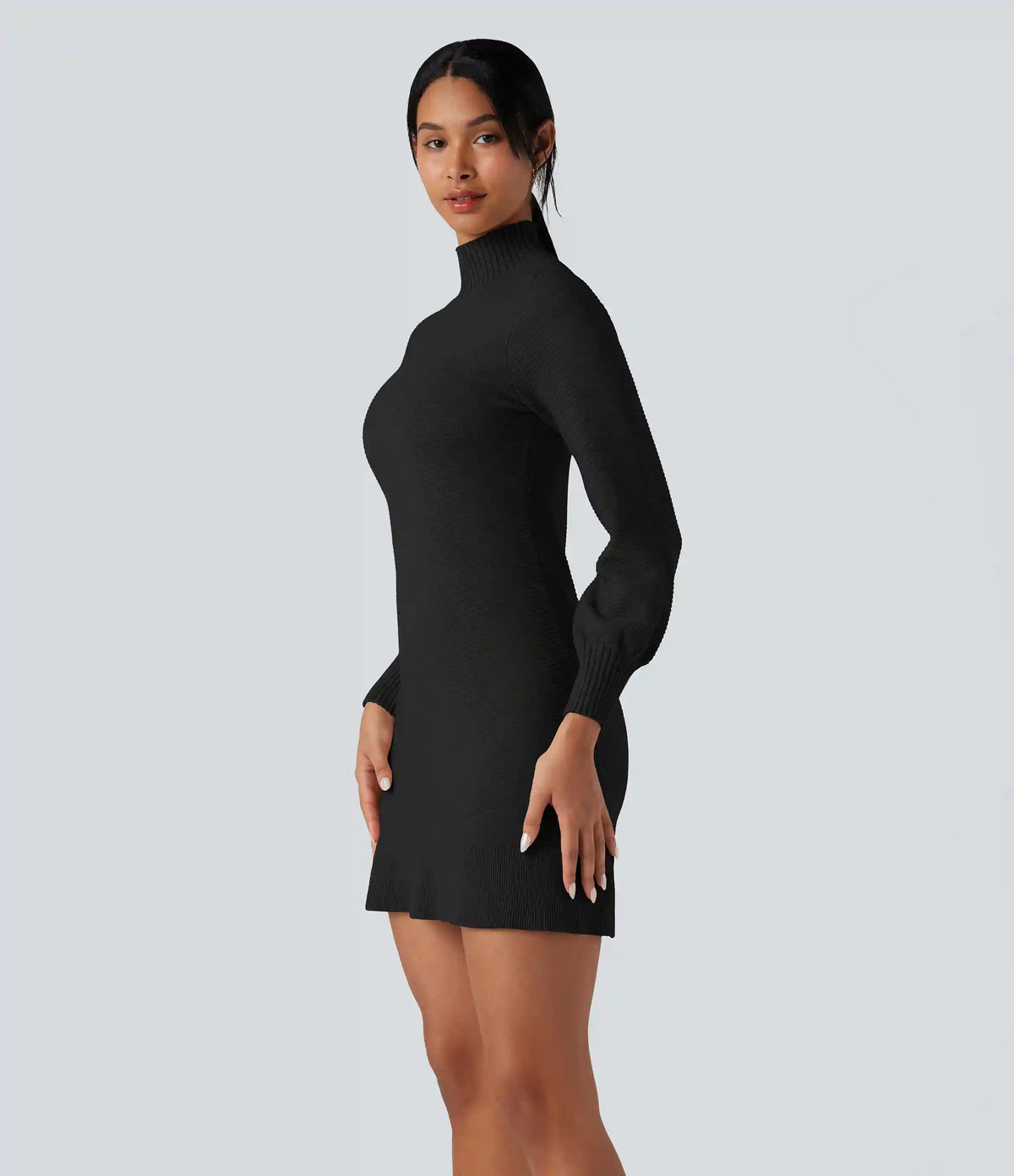 Mock-neck Long Sleeve Ruffle Hem Mini Work Sweater Dress