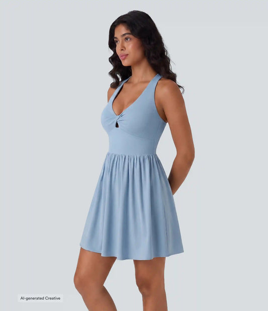 Breezeful™ V Neck Built-in Bra Racerback 2-in-1 Quick Dry Mini Tennis Active Dress with Pockets-Easy Peezy Edition