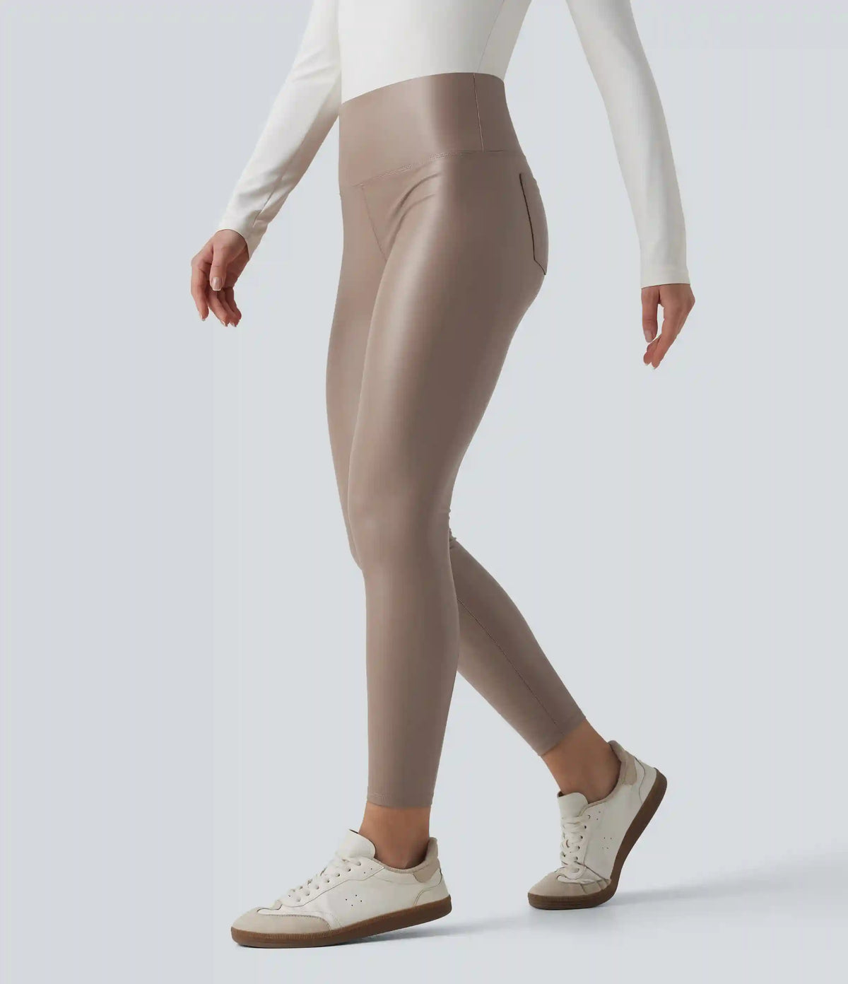 High Waisted Tummy Control Stretchy PU Fleece 7/8 Skinny Casual Leggings with Pockets