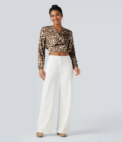 V Neck Long Sleeve Leopard Print Cropped Casual Blouse