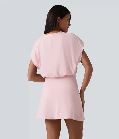 SoftlyZero™ Airy Round Neck Short Sleeve 2-in-1 InstantCool Mini Yoga Active Dress with Pockets-Easy Peezy Edition