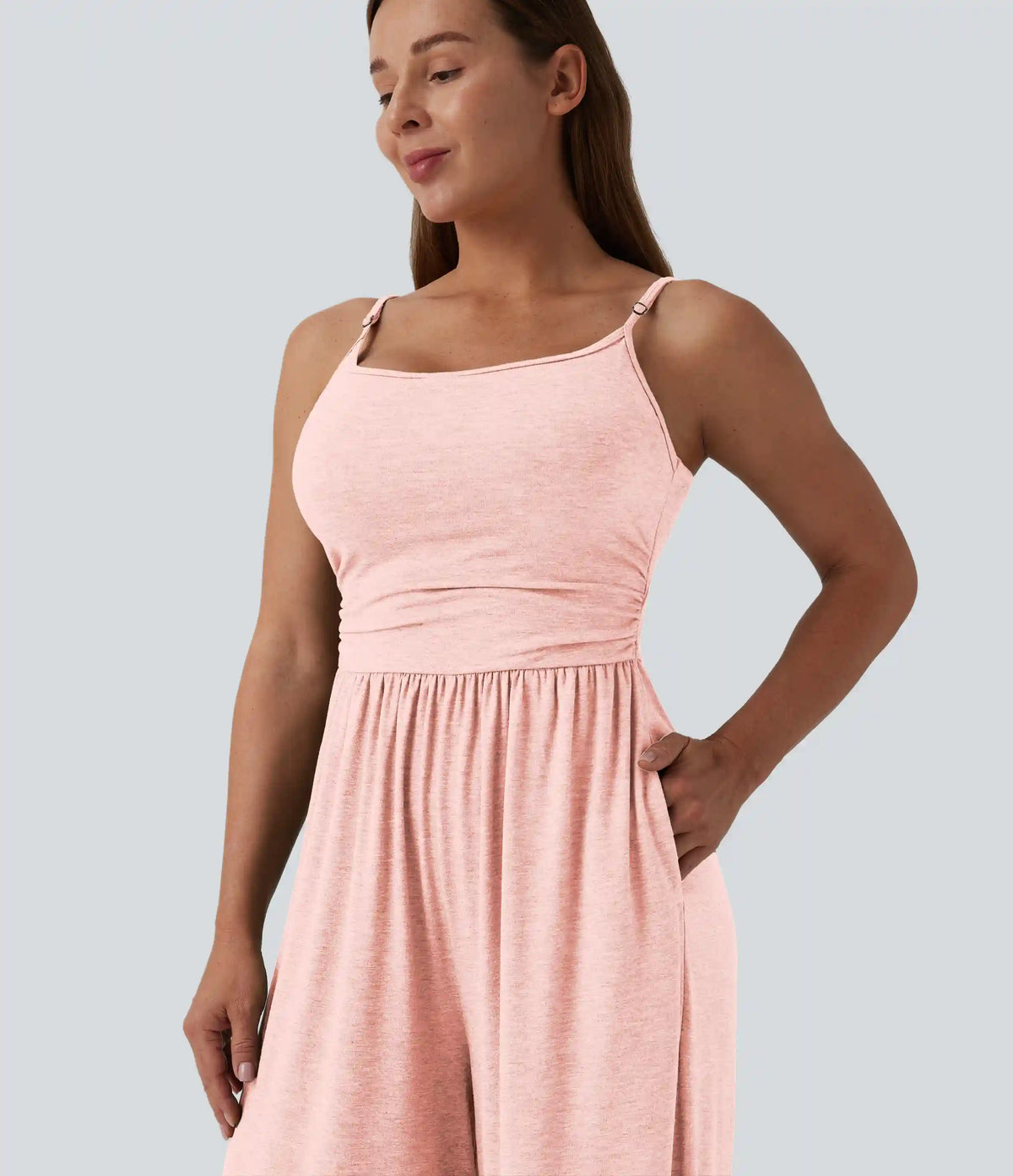 Adjustable Straps Ruched Wide Leg Heathered Casual Jumpsuit with Pockets-Easy Peezy