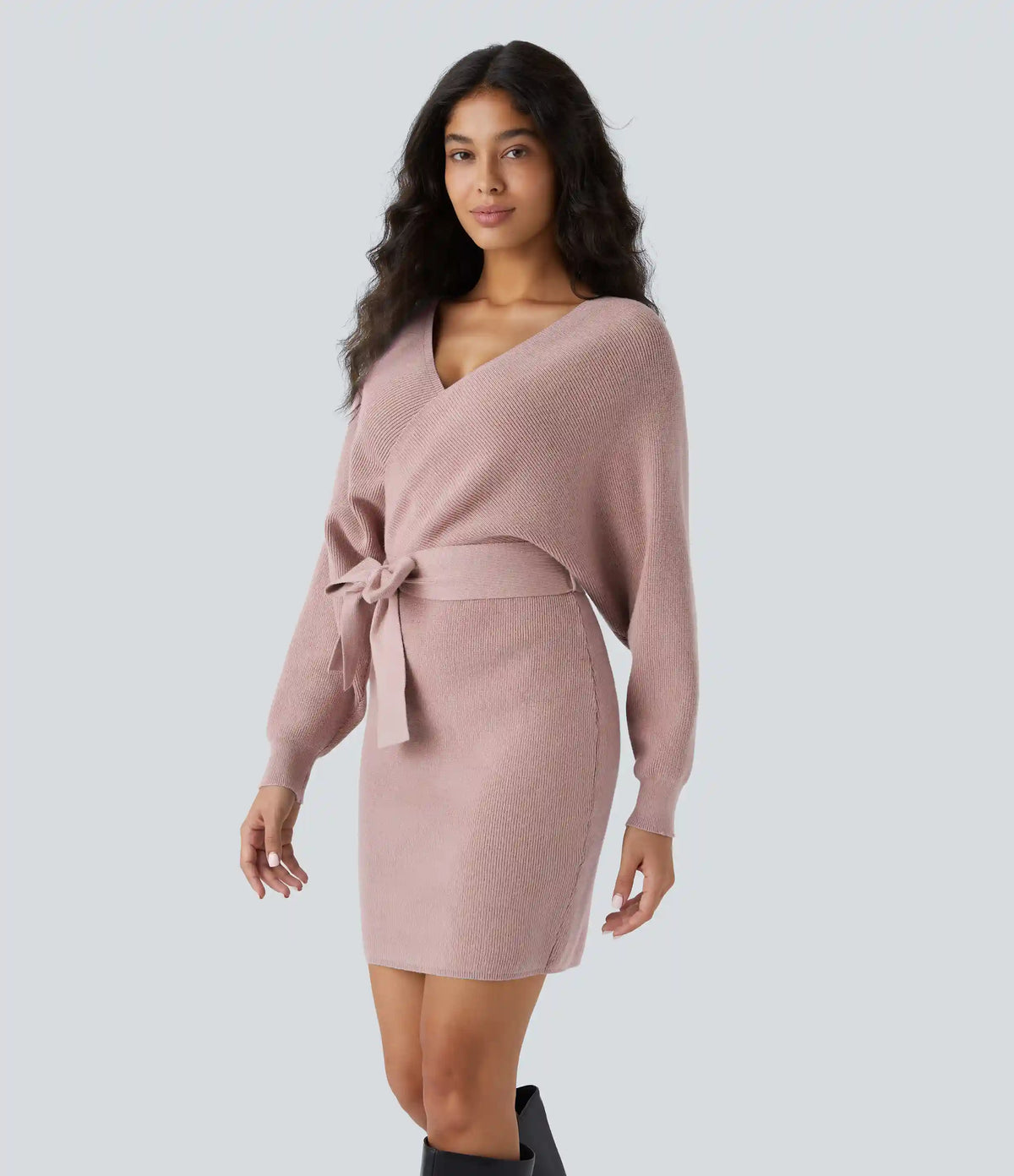 Crossover V Neck Batwing Long Sleeve Belted Mini Casual Sweater Dress