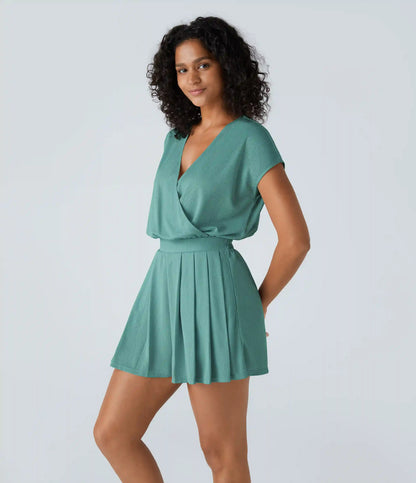 V Neck Short Sleeve Pocket Waffle Casual Romper