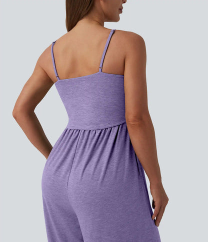Adjustable Straps Ruched Wide Leg Heathered Casual Jumpsuit with Pockets-Easy Peezy