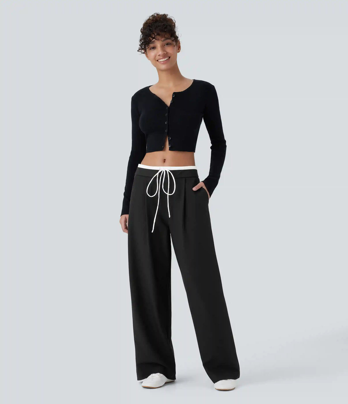 Double-Layer Color Block Low Rise Drawstring Pocket Wide Leg Casual Pants