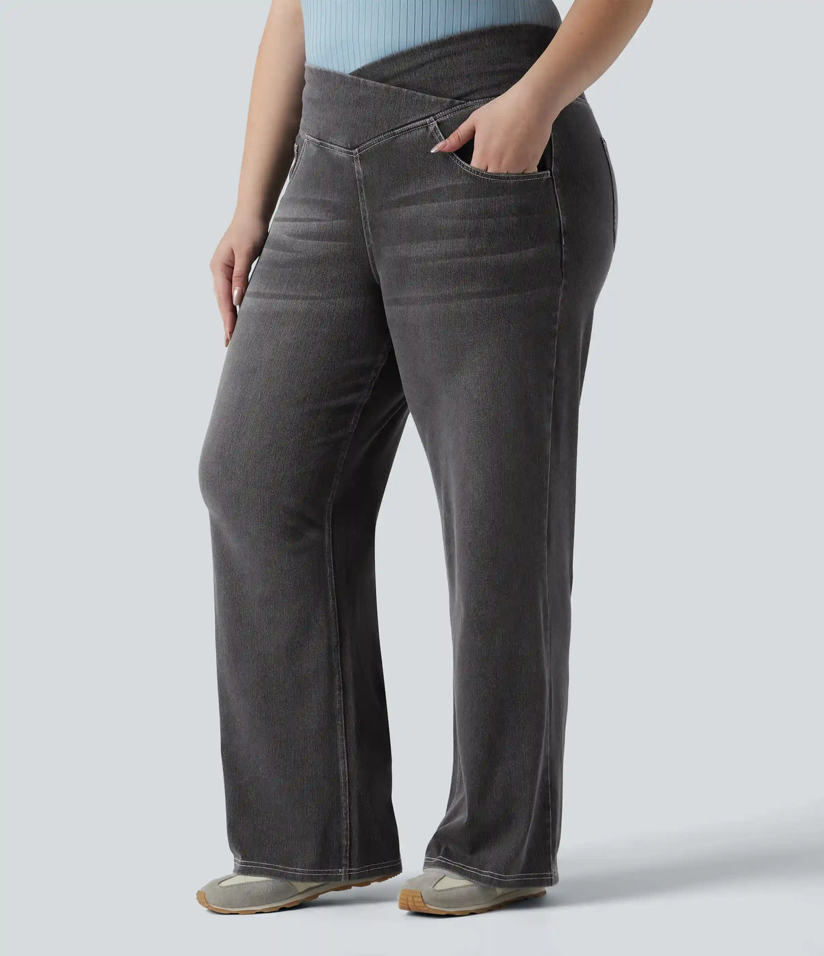 Halara Flex™ Crossover High Waisted Tummy Control Casual Straight Leg Plus Size Jeans with Pockets