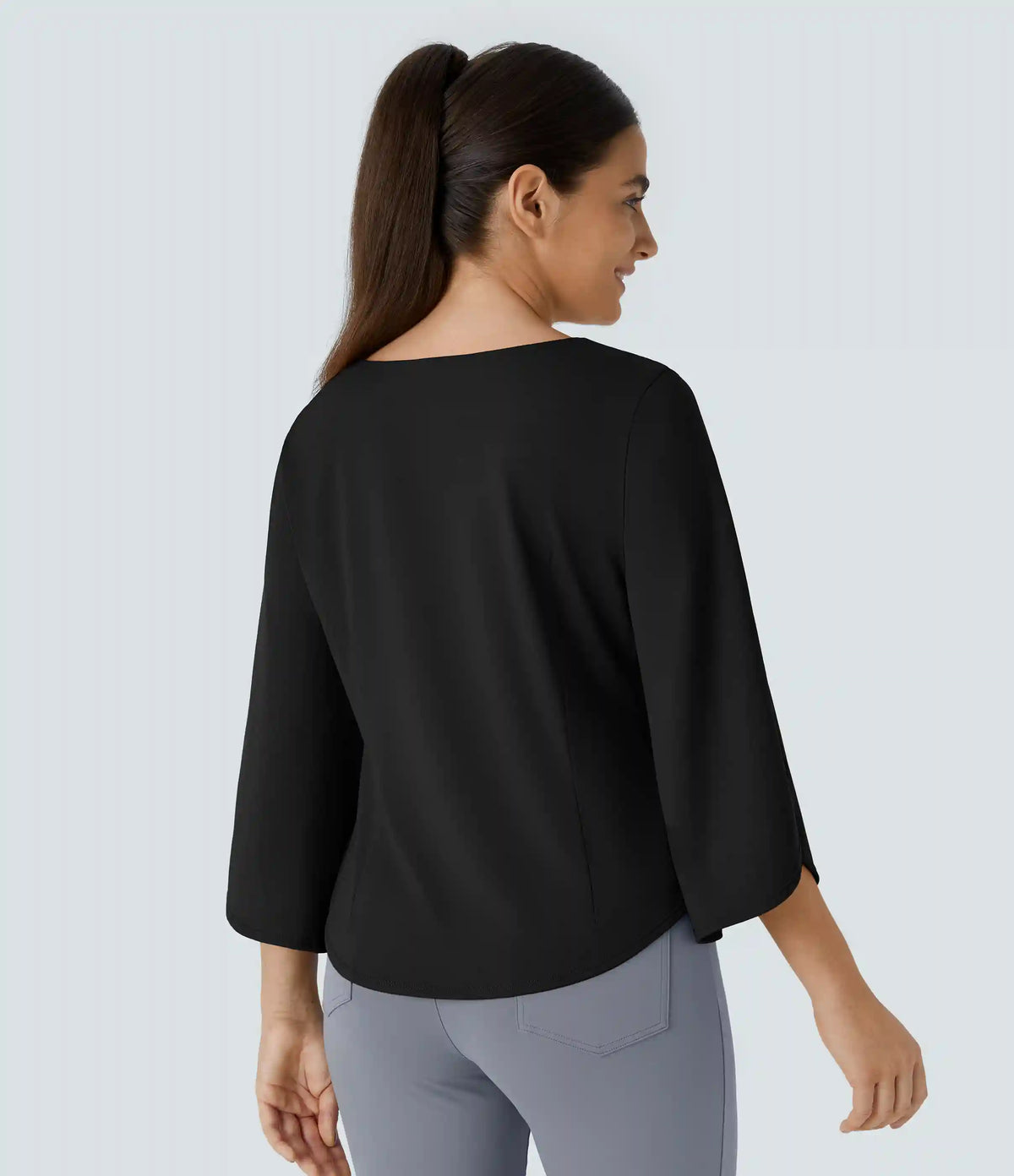 V Neck 3/4 Sleeve Curved Hem Work Top