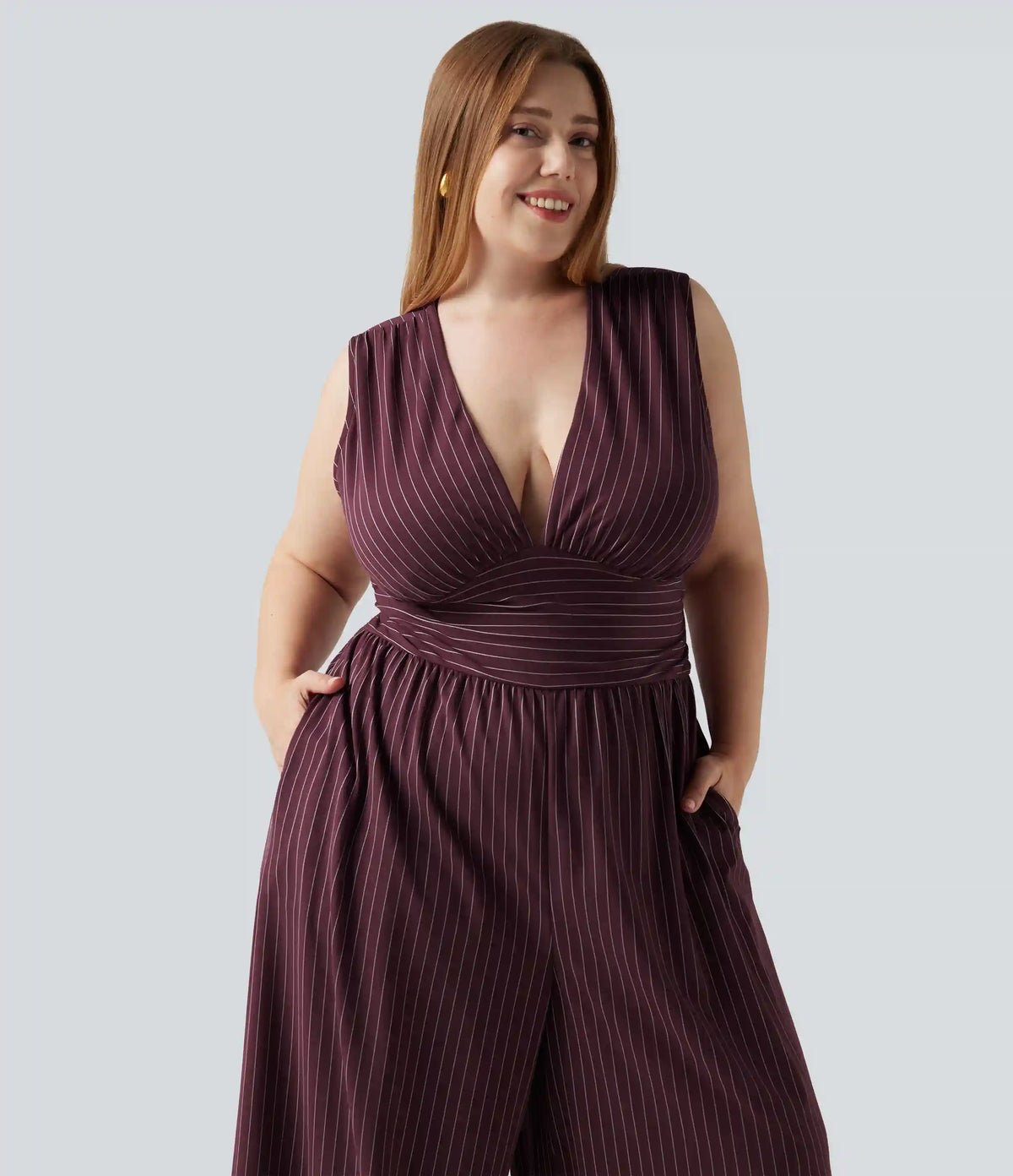 Plus Size Deep V Neck Built-in Bra Sleeveless Ruched Cool Touch Stripe Work Jumpsuit with Pockets-Easy Peezy Edition