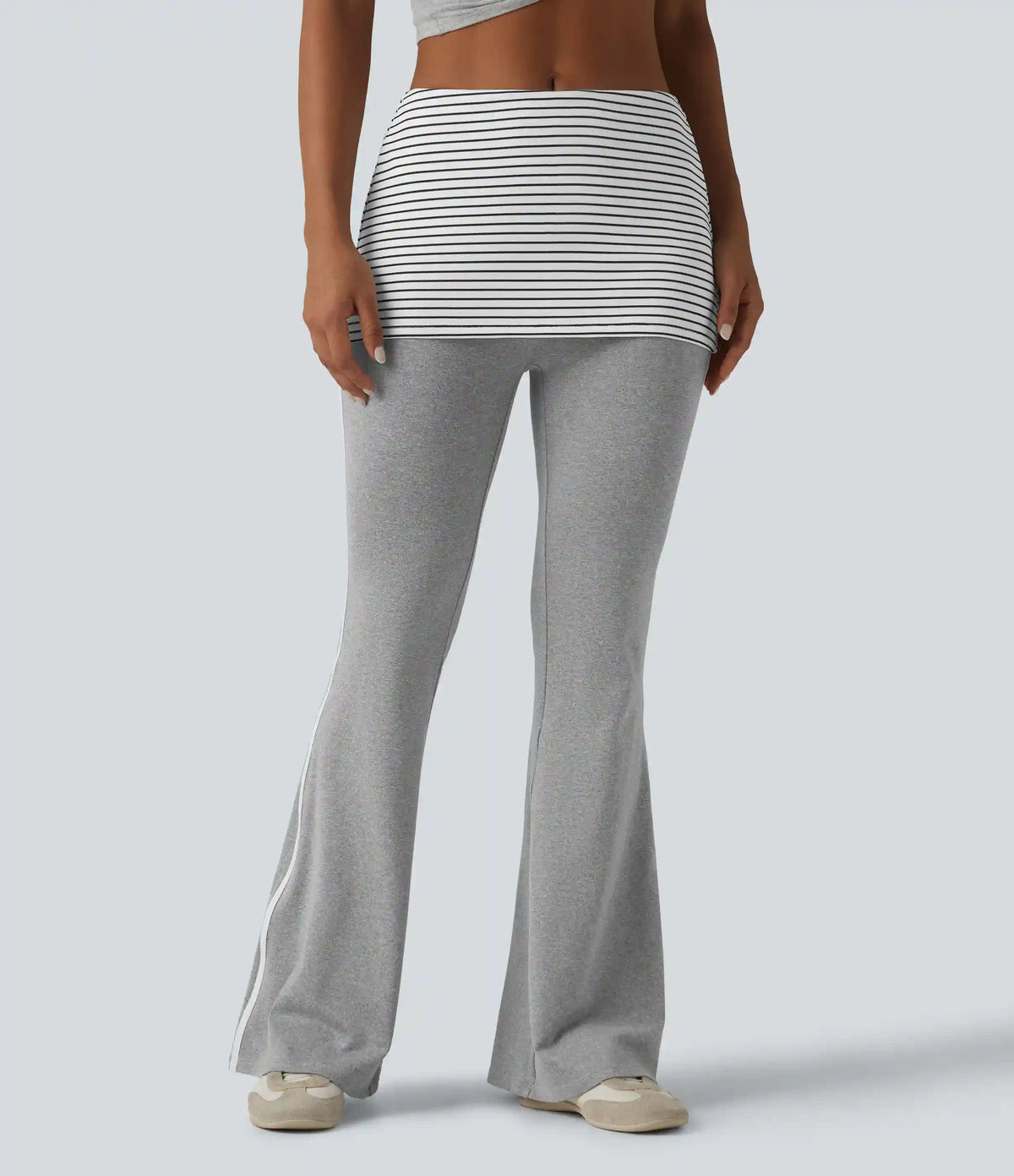 Foldover Mid Rise Stripe Flare Casual Pants