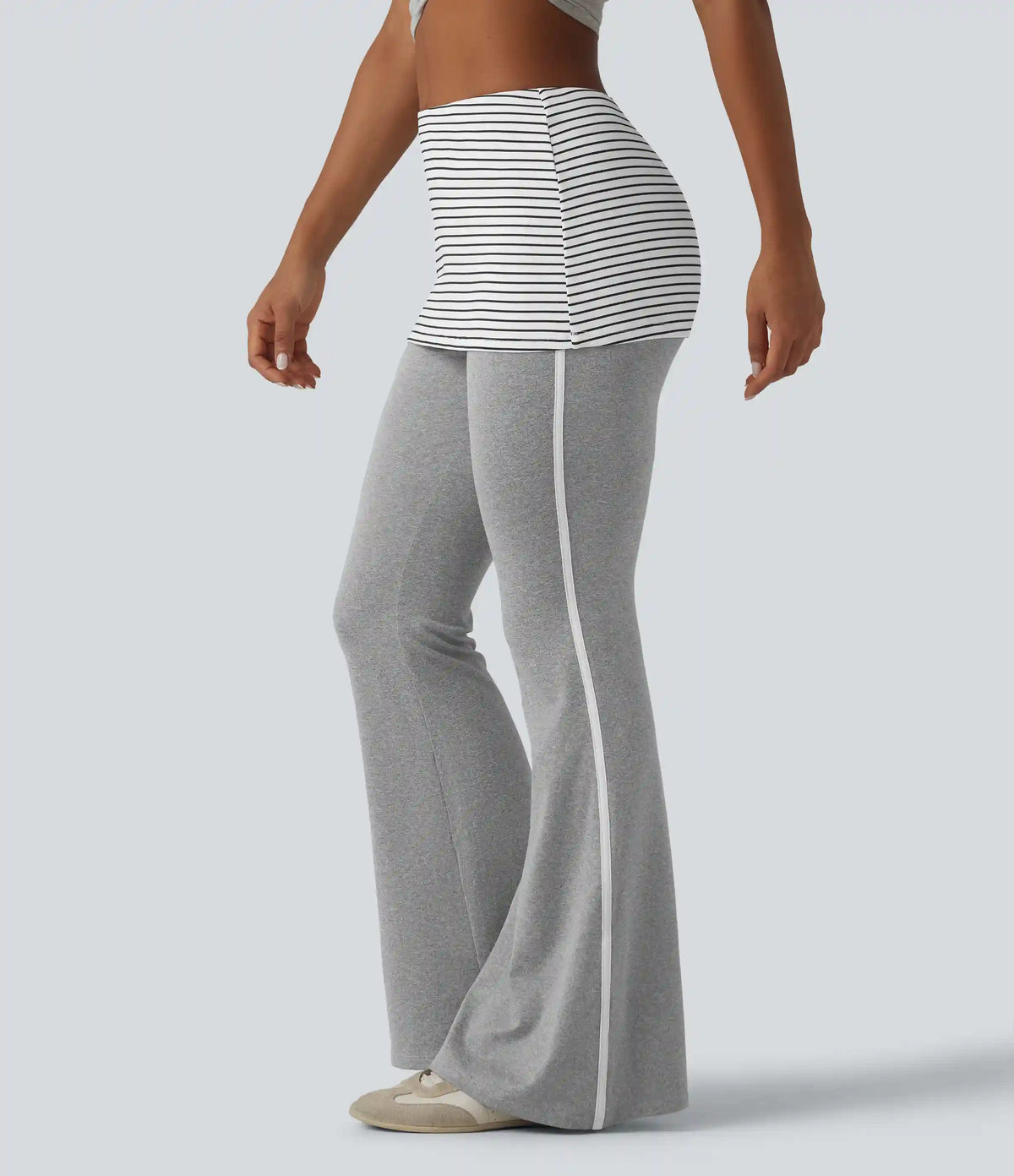 Foldover Mid Rise Stripe Flare Casual Pants