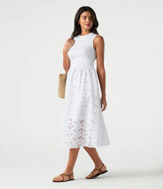 Round Neck Sleeveless Midi Embroidery Eyelet Resort Dress with Pockets