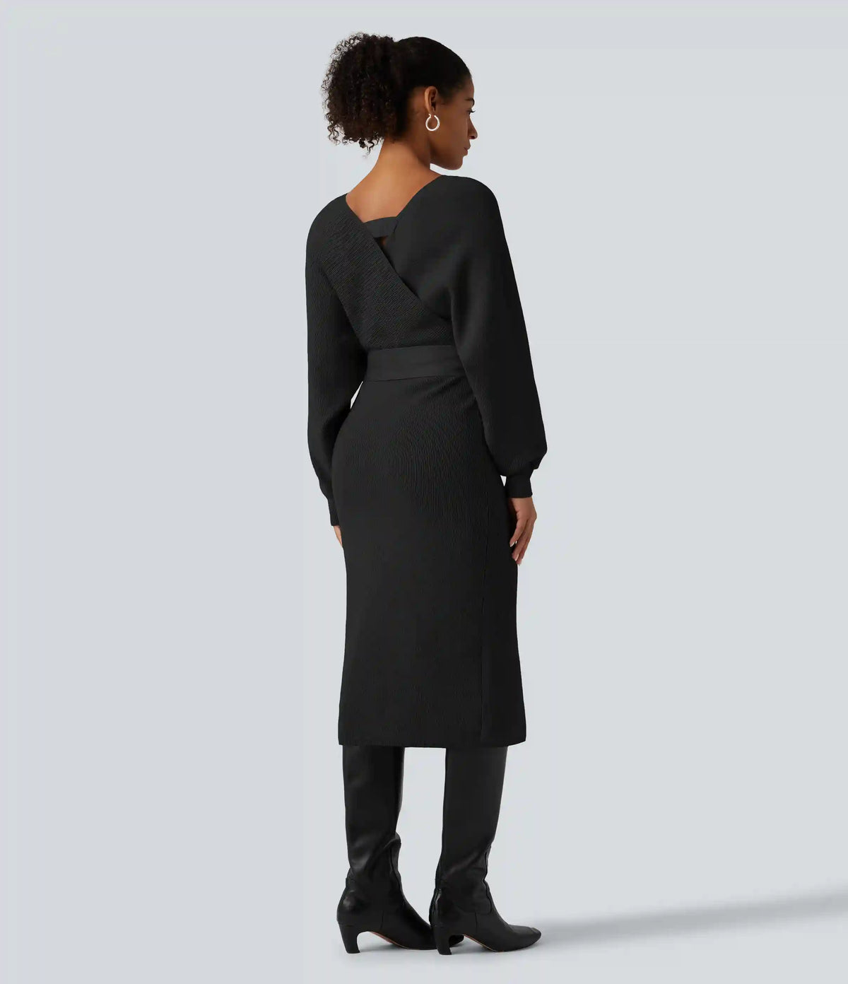Crossover V Neck Batwing Long Sleeve Belted Midi Casual Sweater Dress