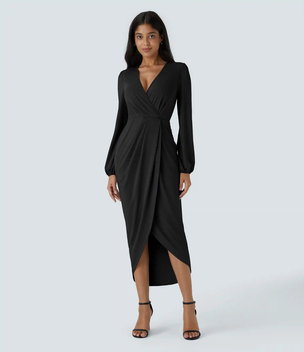 V Neck Long Sleeve Tulip Hem Midi Dress