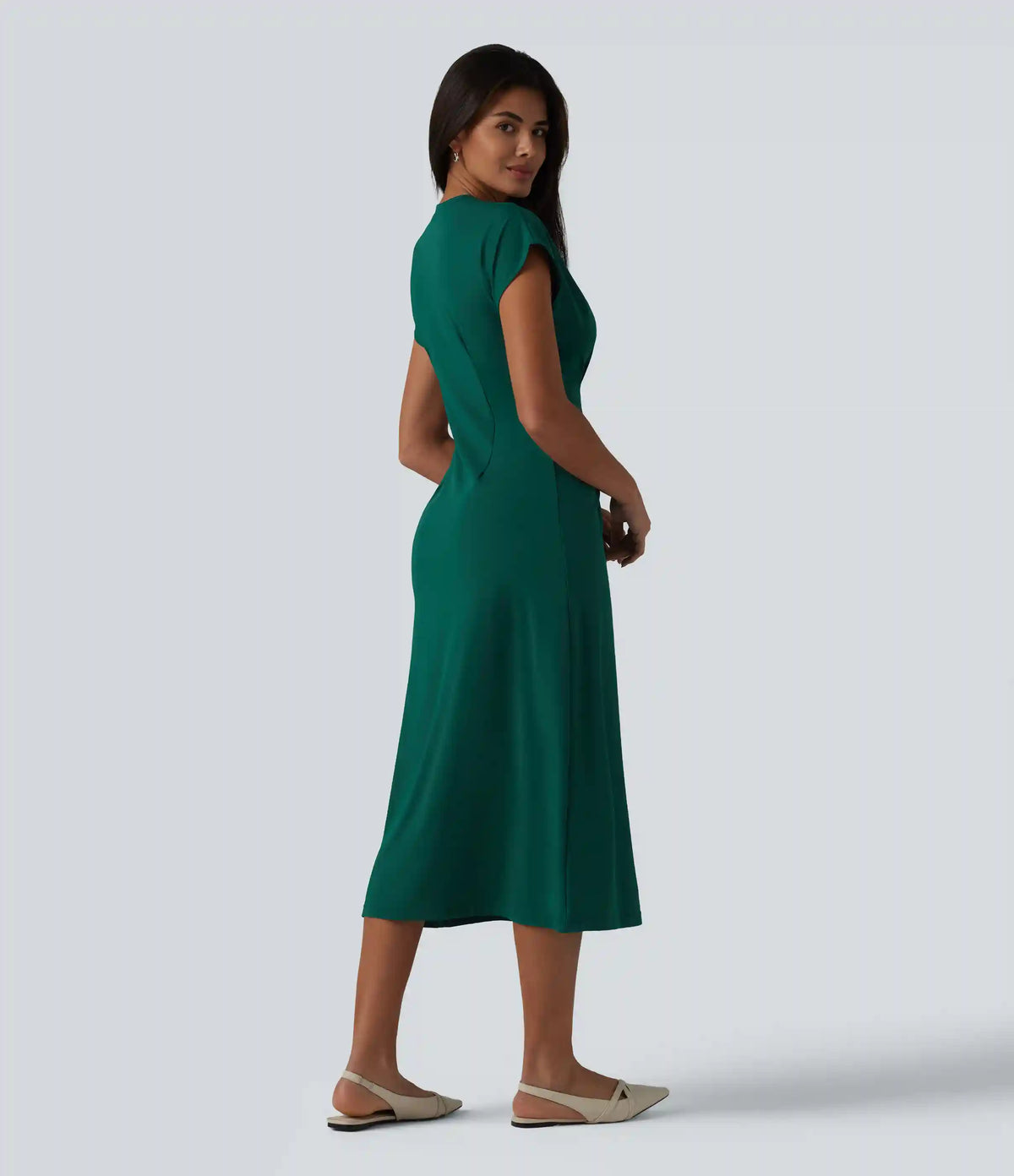 Round Neck Short Sleeve Midi Work Dress