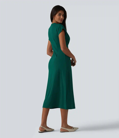 Round Neck Short Sleeve Midi Work Dress