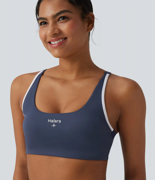 Low Support U-Neck Cut-out Color Block Letter Print Built-in Bra Yoga Sports Bra
