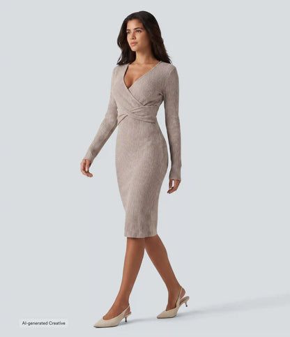 Ribbed Knit V Neck Long Sleeve Bodycon Midi Casual Dress