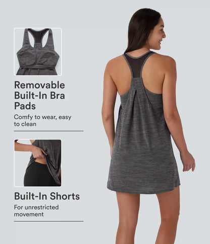 U Neck Racerback Contrast Mesh 2-Piece Pocket Mini Yoga Active Dress