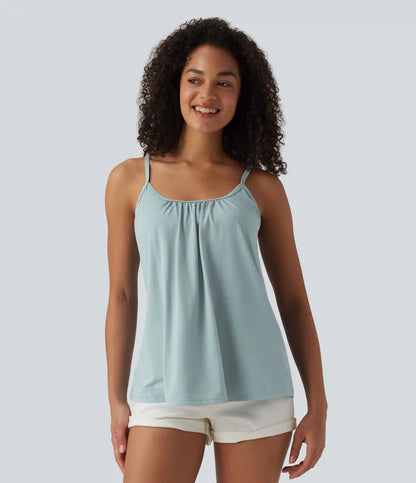 Adjustable Straps Ruched 2-in-1 Built-in Bra Casual Cami Top