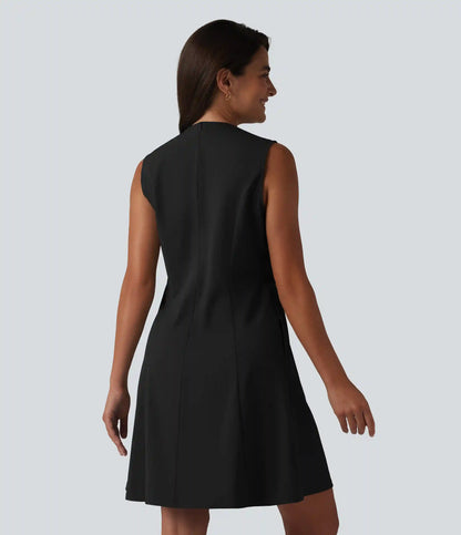 V-neck Sleeveless Pleated Invisible Zipper Mini A-line Stretchy Poplin Work Dress with Pockets