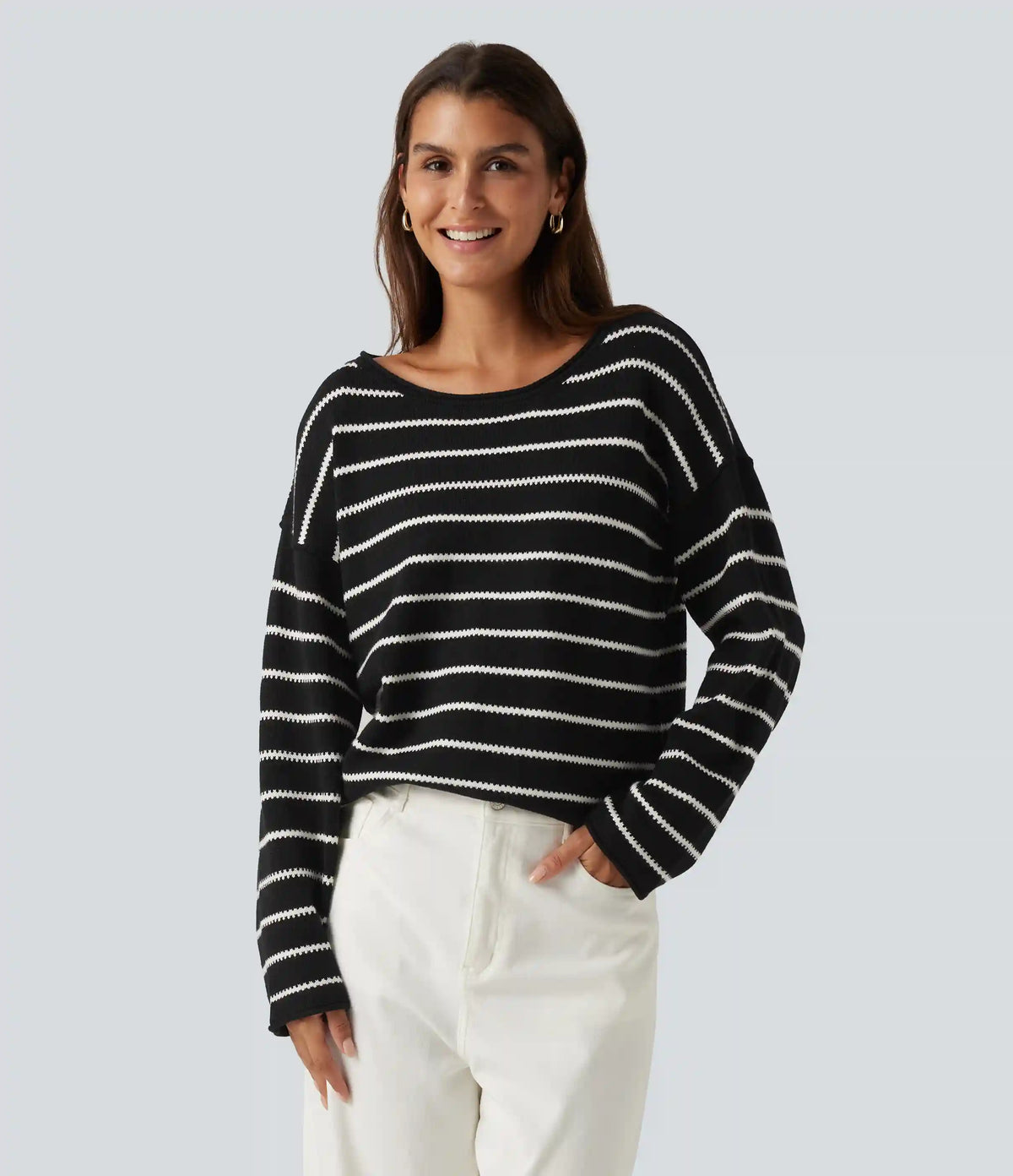 Boat Neck Long Sleeve Stripe Rolled Hem Oversized Casual Sweater