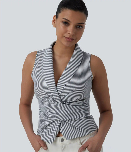 V Neck Tie Back Sleeveless Stripe Casual Shirt
