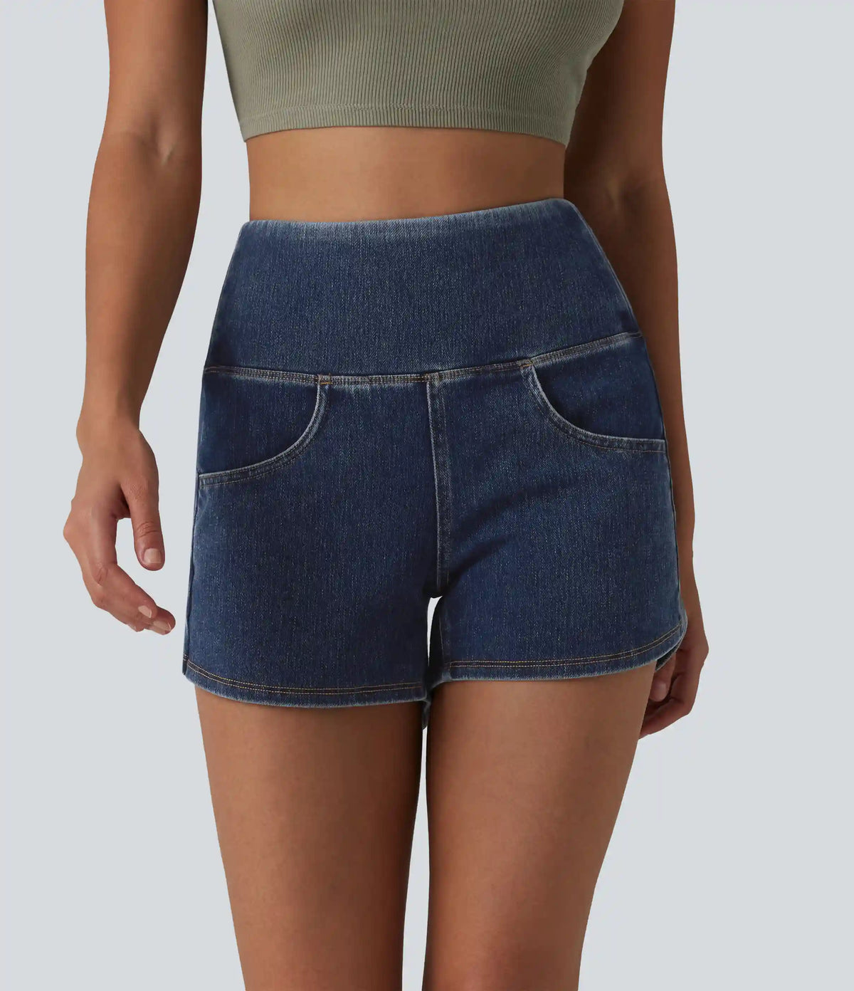 Halara Flex™ High Waisted Tummy Control Curved Hem Skinny Denim Casual Shorts with Pockets