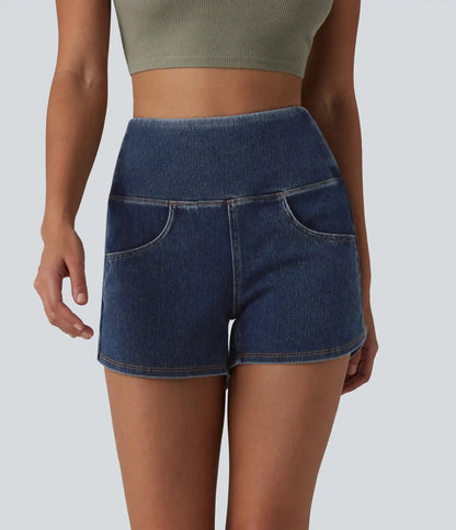 Halara Flex™ High Waisted Tummy Control Curved Hem Skinny Denim Casual Shorts with Pockets