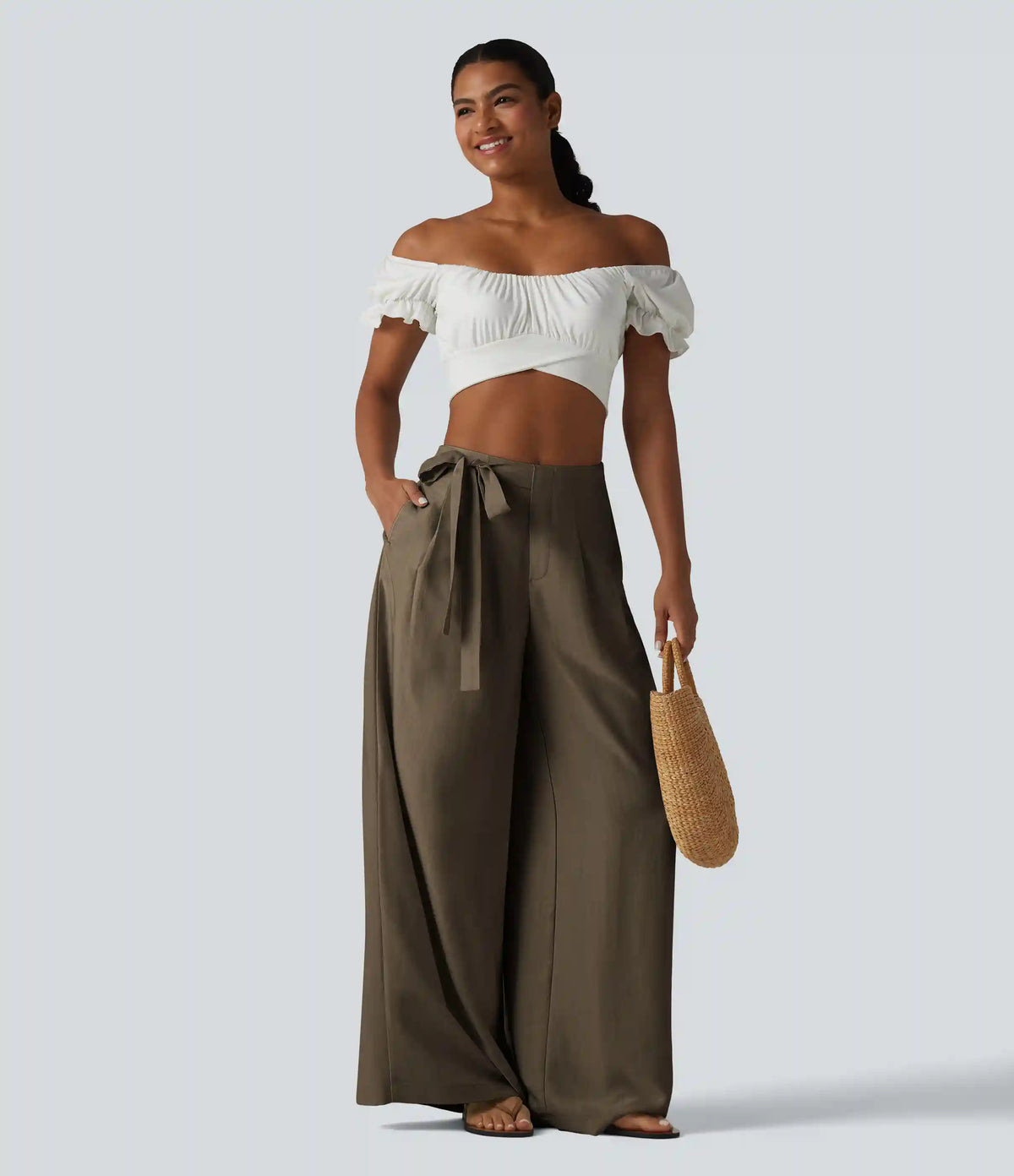High Waisted Tie Side Baggy Linen-Blend Pants with Pockets