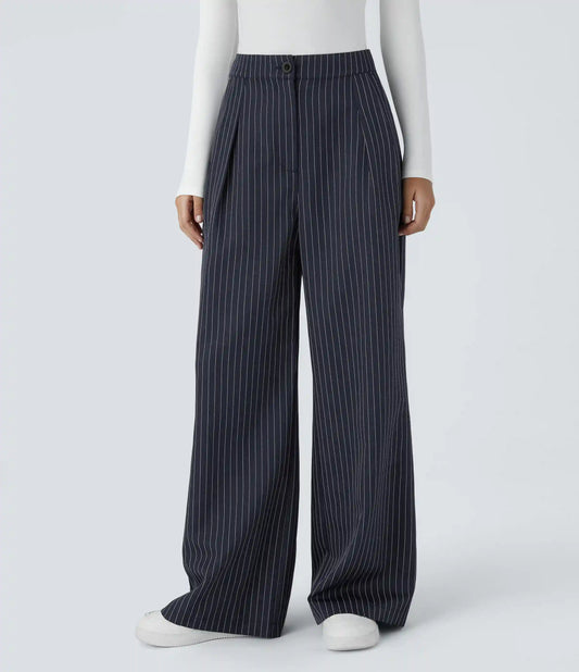 High Waisted Zipper Pocket Wide Leg Baggy Striped Work Pants