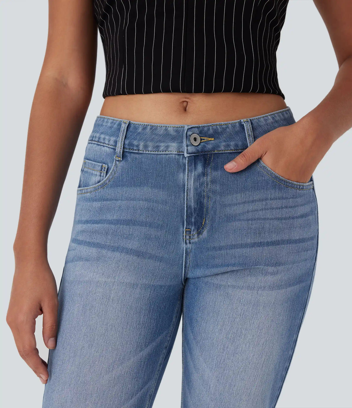 Halara Flex™ Low Rise Zipper Pockets Straight Leg Washed Casual Jeans