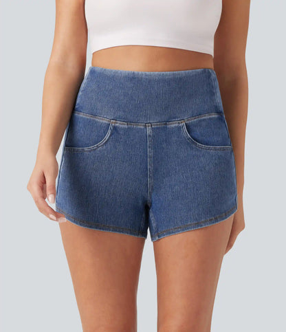 Halara Flex™ High Waisted Tummy Control Curved Hem Skinny Denim Casual Shorts with Pockets