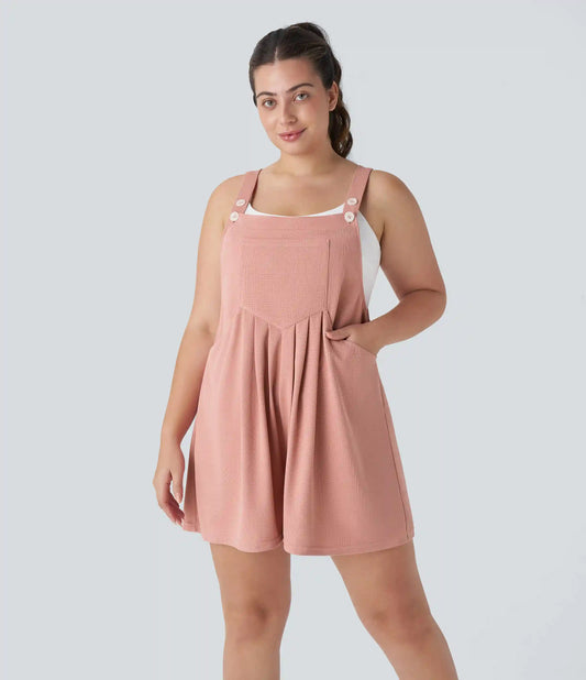 Pockets Waffle Casual Plus Size Short Overalls