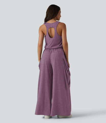 Sleeveless Cut Out Wide Leg Casual Jumpsuit with Pockets-Easy Peezy Edition
