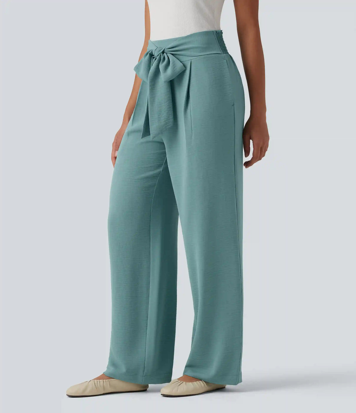 Tie-front High Waisted Linen-Feel Casual Straight Leg Pants with Pockets