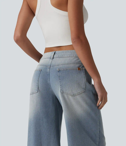 Halara Flex™ Asymmetric Low Rise Zipper Pockets Baggy Wide Leg Washed Casual Jeans