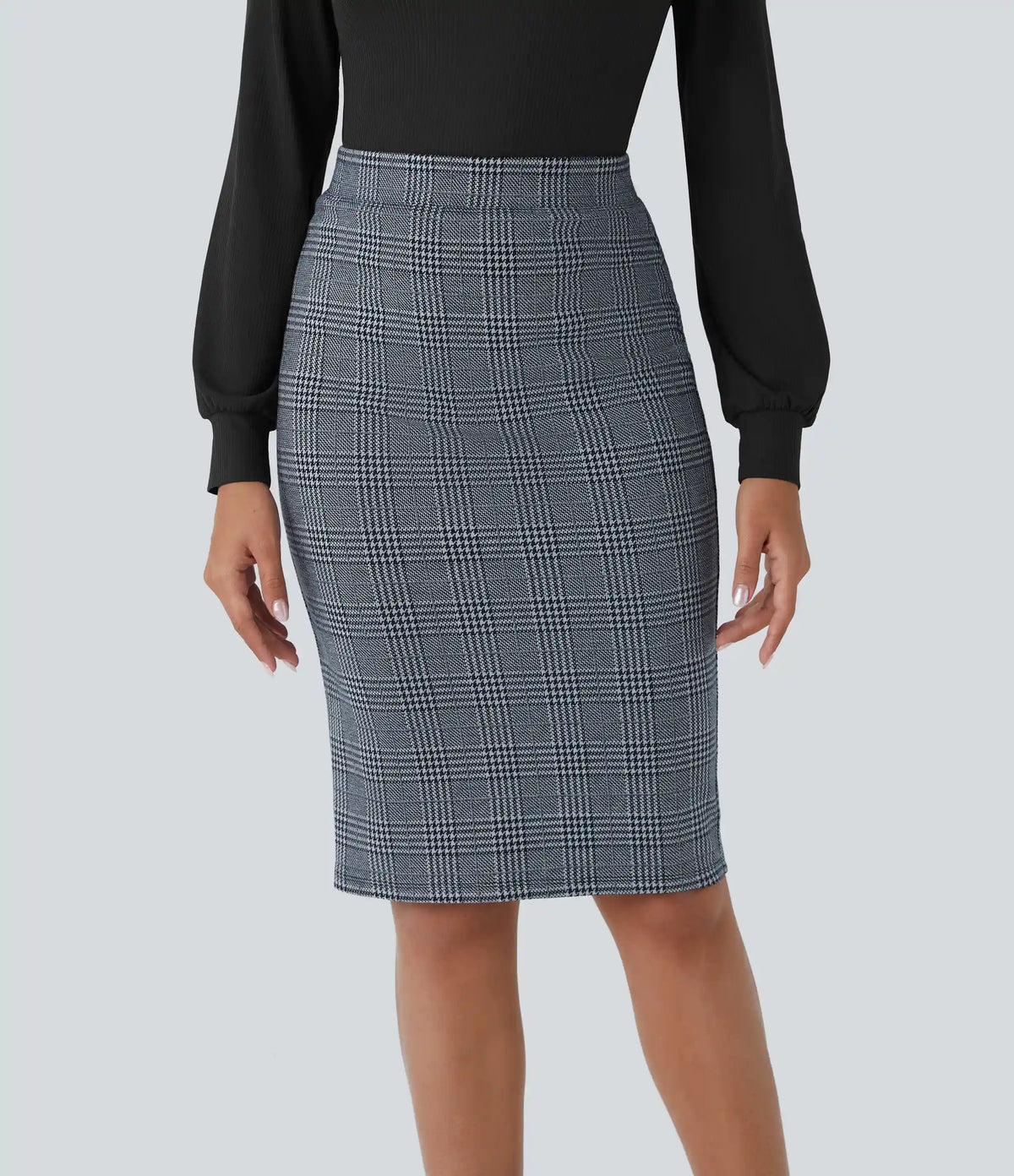 High Waisted Hem Houndstooth Plaid Work Pencil Skirt
