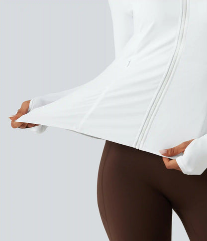 SoftlyZero™ Airy Stand Collar Long Sleeve Thumb Hole Eyelet Ruffle Hem InstantCool Yoga Jacket with Pockets-UPF50+