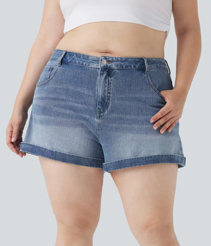 Halara Flex™ Mid Rise Zipper Pockets Denim Casual Plus Size Shorts 3''
