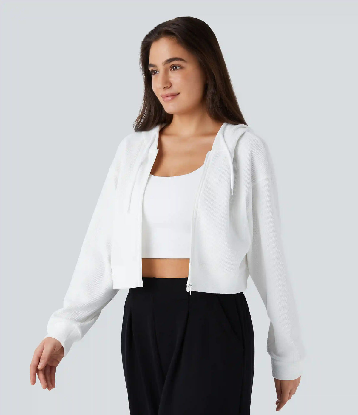 Waffle Hooded Drawstring Zipper Cropped Casual Cotton Sports Sweatshirt