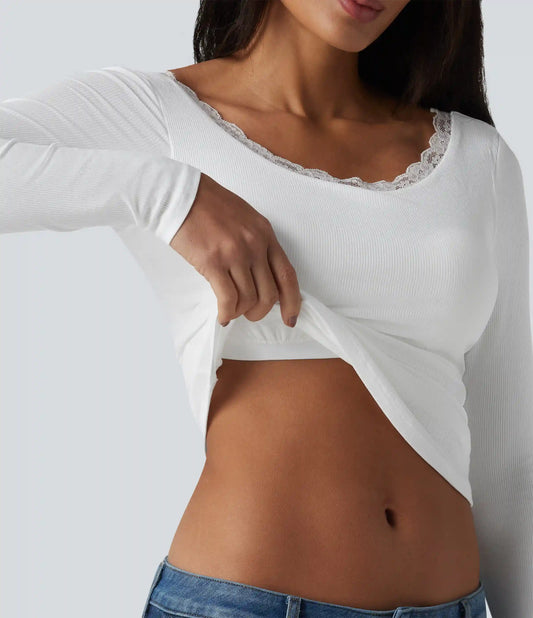 Ribbed Knit Scoop Neck U-back Long Sleeve Contrast Lace Built-in Bra Casual Top