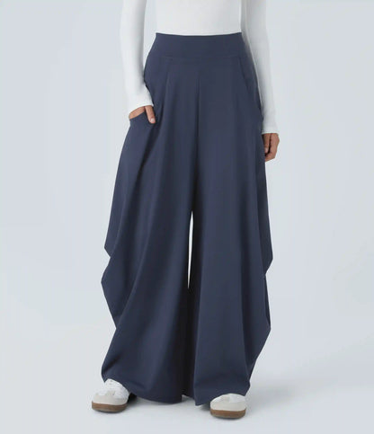 Mid Rise Pockets Draped Wide Leg Baggy Casual Pants
