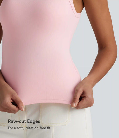 Ribbed Knit U Neck Built-in Bra Dance Tank Top B-E Cups