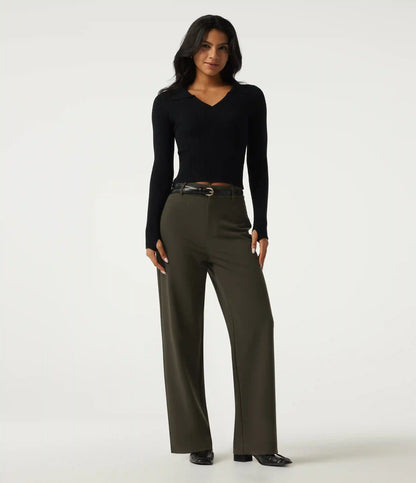 High Waisted Straight Leg Work Pants with Pockets